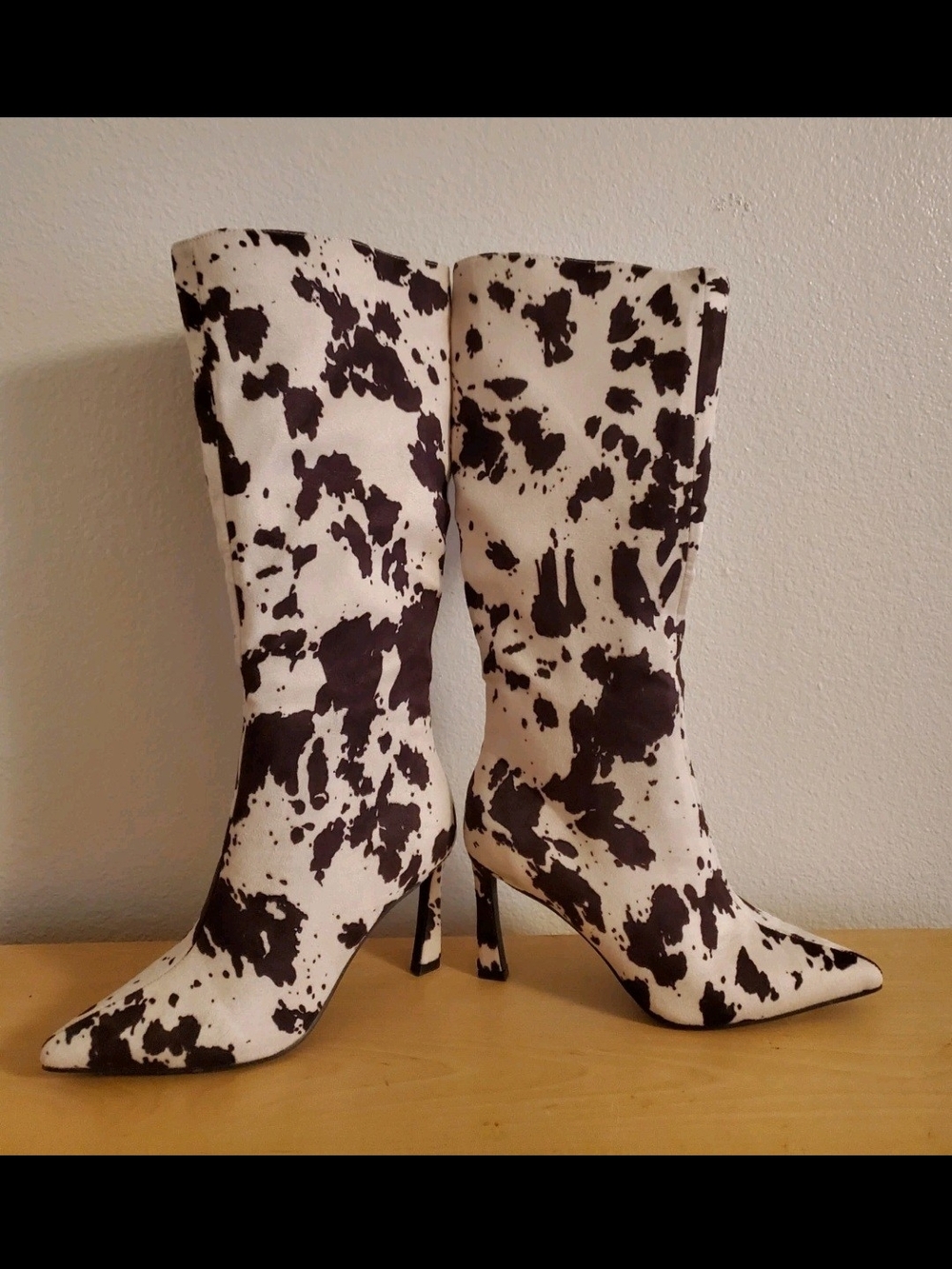 Cow Print Pointed Toe Mid-Calf Boots - Black & White